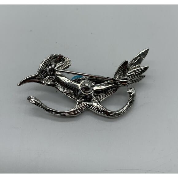 Vintage Roadrunner Silver Tone Faux Turquoise Stone Brooch Pin - Picture 4 of 4